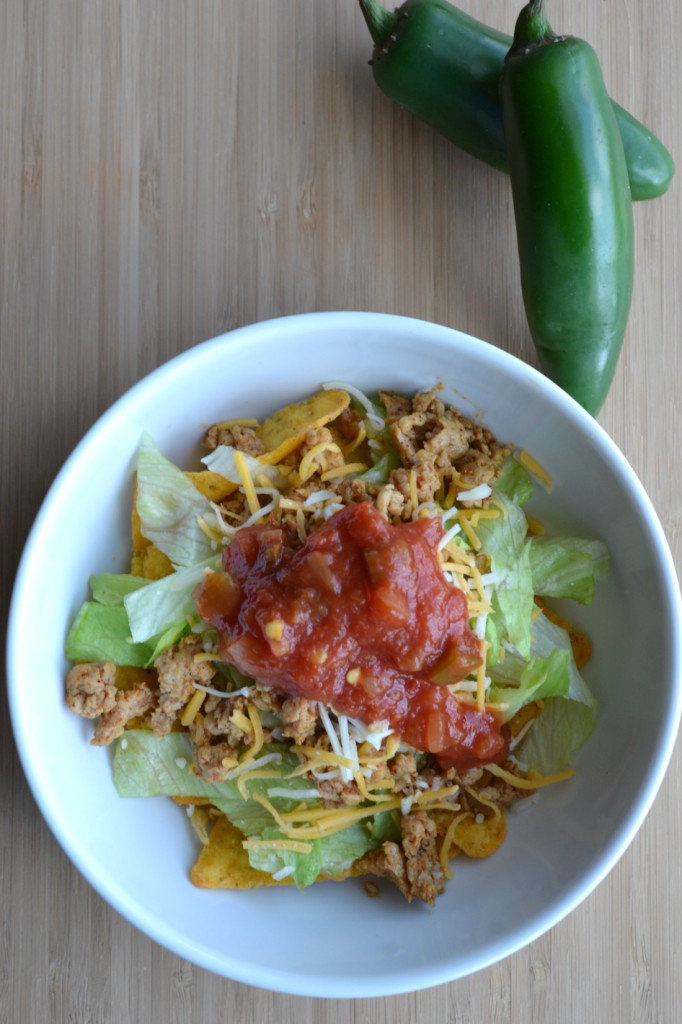 Easy recipe for chicken taco salad using ground chicken instead of beef.